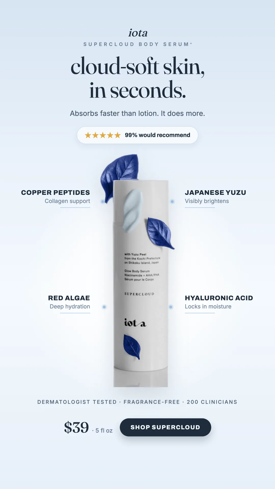 iota Supercloud body serum ad with ingredient callouts