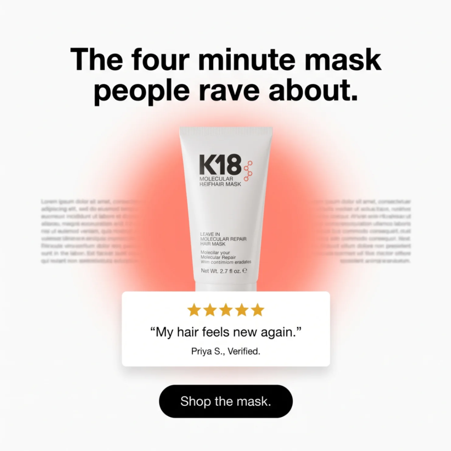 K18 four minute mask five star review ad