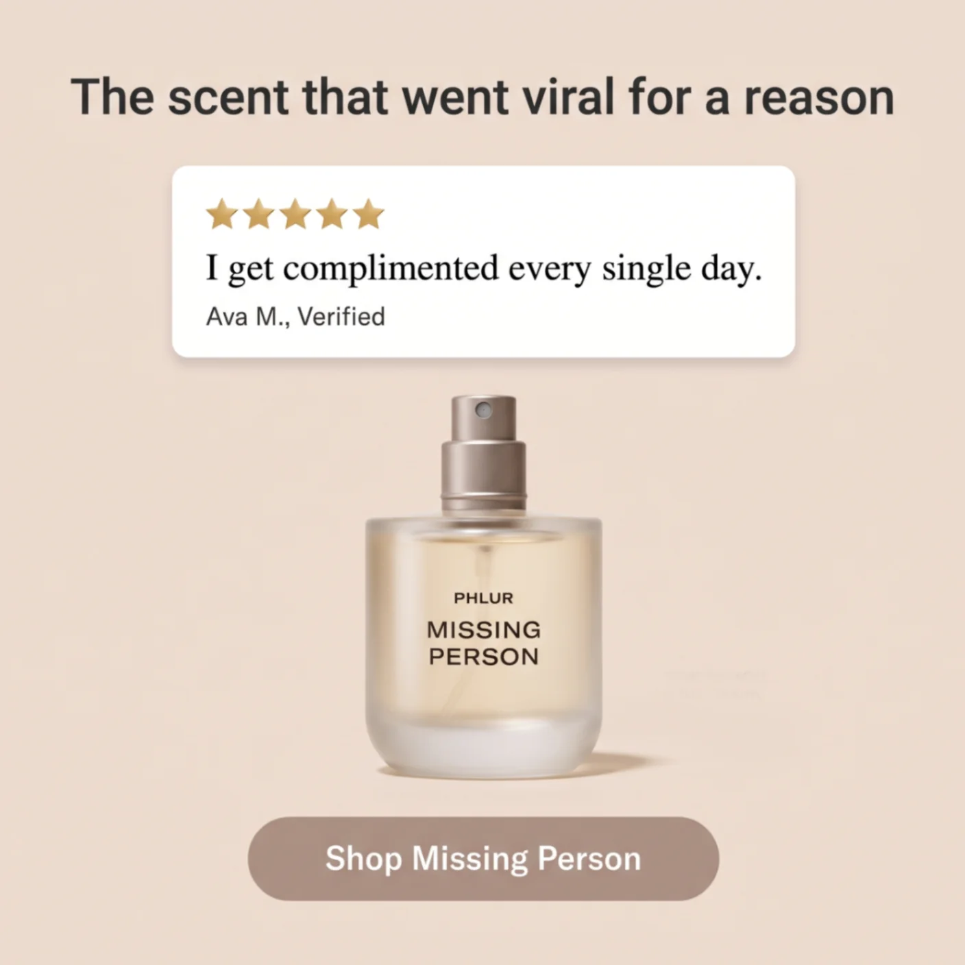 Phlur missing person viral fragrance review ad